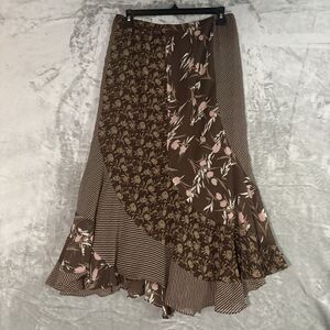 VTG Y2K Patchwork Floral Maxi Skirt 8 Asymmetrical Hem Brown Boho Whimsygoth
